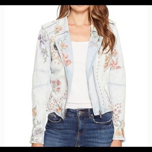 Jean jacket with floral stitching and studs